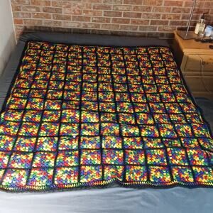 Granny Square Multicolor Crochet Afghan Sparkly Yarn Bulky Blanket